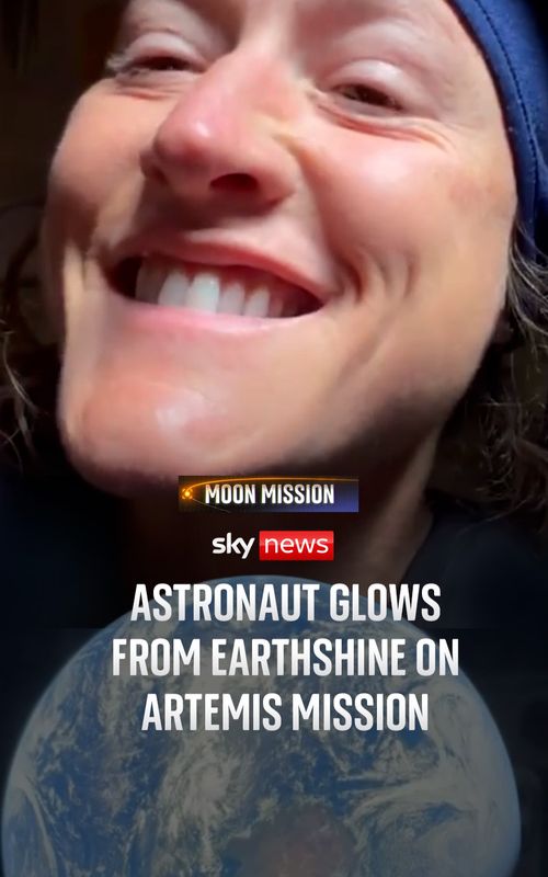 Astronaut Christina Koch captured footage of earthshine on April 2, nearly 33,800 miles (54,396 km) away from Earth. 'In case you’re wondering, the light that you see on my face is earthshine. And that is the beautiful Earth in the window,' Koch says in the footage. #SkyNews #Artemis #Moon