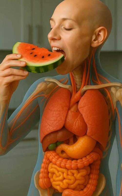 Science in action. What happens while eating water melon in the human body? #humanbody #anatomy #3danimation #sciencetok #aiart #digestivesystem #medicalanimation #healthfacts #foryou #fyp #healthawareness #medical 