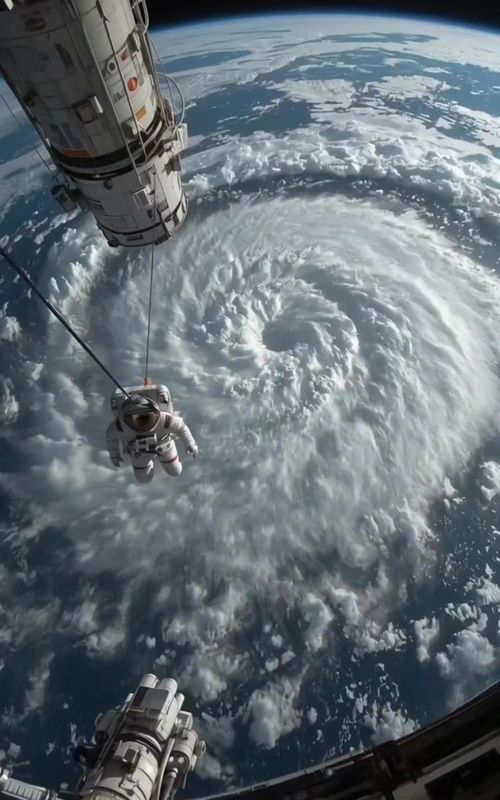 From the serene silence of orbit, a front-row seat to Earth's raw power. 🌎⚡ Our astronauts, tethered safely to the International Space Station 250 kilometers above the planet, witness the beautiful and terrifying forces that shape our world. This breathtaking wide-shot captures a moment of human ingenuity and exploration, set against the backdrop of a massive hurricane, its swirling clouds and silent lightning flashes a humbling reminder of nature's immense scale. It's a perspective that underscores both the fragility and resilience of our blue marble. #Space #ISS #NASA #Hurricane #EarthFromSpace 