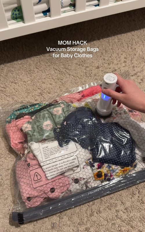 Best mom hack for storing outgrown baby clothes and saving closet space! Love that it comes with a rechargeable handheld pump for quick, easy storage. You need this!!😊 #momhack #momlife #babyclothesorganization #holidayhaulfinds #momorganization 