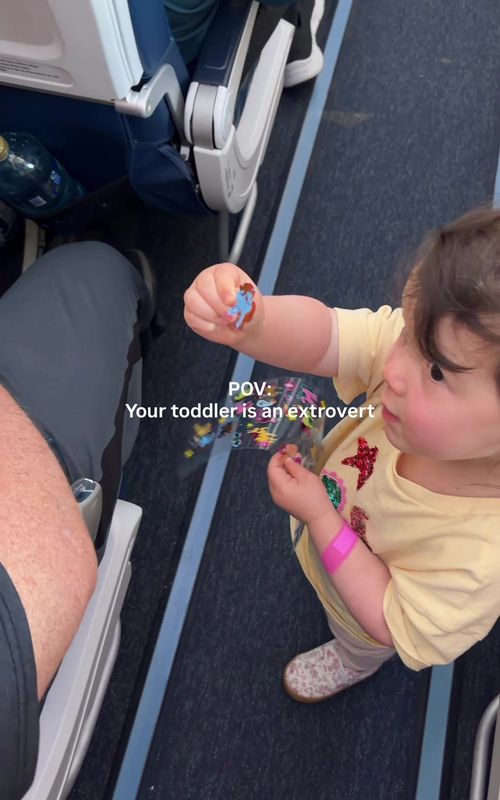 She likes the plane rides better than the destination. She wanted to make sure everyone got a sticker and had a good trip! 😘🏖️ #toddlertravel #toddleroftiktok #toddlerhumor #funnytoddler #travelwithus