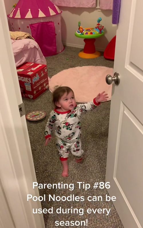 #parentingwin use pool noodles to stop toddlers from closing the door and locking themselves in a room. Never have to worry about squishing their finger either! Also works great on closets! 😘