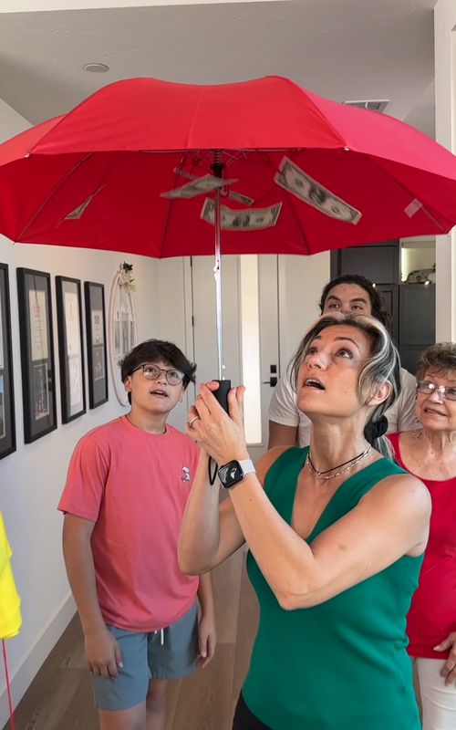 Prizes and Surprises under each umbrella ☂️ #pingpongthrow #hangingumbrellas #challenge #game #vegasfamily 