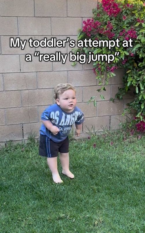 My toddler’s attempt at a “really big jump” 🤣🩵 #toddlersoftiktok #funny #funnykids #toddlerlife #toddlertok 