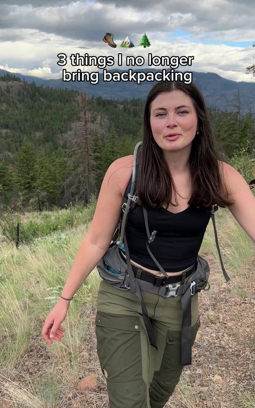 On multi day hikes every ounce matters 😅 3 things I’m no longer bringing: 1. A collapsible camp chair. It only weighs 2 lbs but after hiking 30km, my back would rather carry less than be supported by a chair. Instead I bring a sit pad which is also handy at the door of your tent.  2. Disposable travel toothpaste, I switched to tablets, they can’t melt or freeze and they’re super light. 3. Band-aids. Instead I use leukotape, it’s stay on for multiple days and can get wet. It’s so good to prevent blisters. I only bring enough to wrap around my lighter a few times. I use a peice of tissue under the tape if it has to be treated first and is not just preventive on my heels.