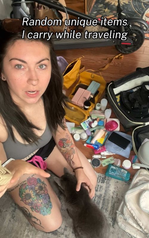 I’ve never seen anyone else carry these items while backpacking. Did any of these surprise you? Would you bring any of these?  #solofemaletraveler #solobackpacker #travelhack #whatsinmybag #uniquefinds 