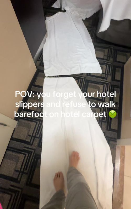 Hotel travel tip: never walk barefoot on the carpet—and here’s why: • You have no idea how often it’s actually deep cleaned (spoiler: not enough) • It traps everything… dirt, spills, who-knows-what from past guests • Shoes track in bacteria from literally everywhere • Quick vacuum ≠ clean • Your socks or slippers are doing the real work Bottom line: pack the slippers or keep your shoes on 😬 @UGG®  -hint hint  ! #TravelTips #TravelHacks #SmartTraveler #