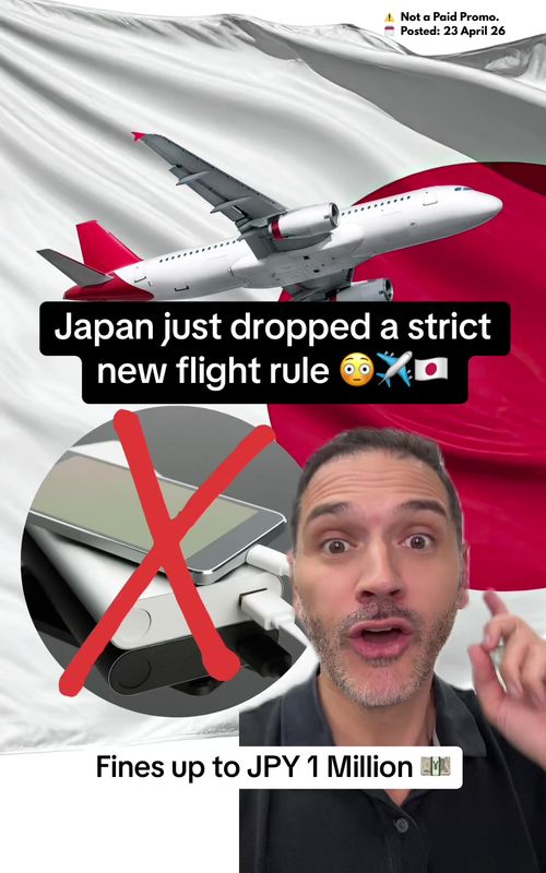 Travelling to Japan? New rule from April 24 👇 🔋 Power banks are still allowed… BUT: ❌ You can’t use them on the plane ❌ You can’t charge them onboard ⚠️ Max 2 per person (under 160Wh each) ⚠️ Carry-on only (no checked bags) 🚨 Fines up to ~$10,000 if you break the rules This applies to ALL flights to/from Japan ✈️ Save this so you don’t get caught at the airport 😭 #japantravel #traveltips #travelupdate #packingtips #airporttips