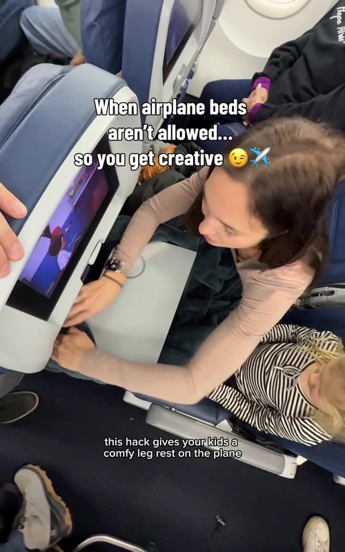 clearly the airplane bed debate has people fired up 😅 but if they’re not allowed on your flight… this is a simple alternative that helped us a ton (and helps keep little feet from kicking the seat in front of them) biggest con: the blanket can move/bunch up if they wiggle 😅 but still better than nothing every airline is different, so always follow their rules ✈️ #travelwithkids #familytravel #toddlertravel #flyingwithtoddlers 