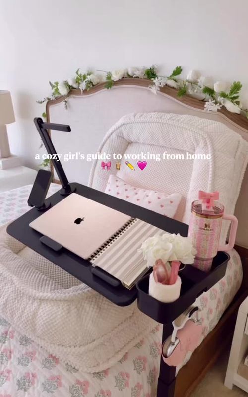 Your email finds me… on my third coffee & comfy 🎀 ☕️ #homeoffice #desksetup #desk #homeofficeideas #desktour  ✨ Cozy, cozy at home, cozy corner, work life, work from home set up, working from home 