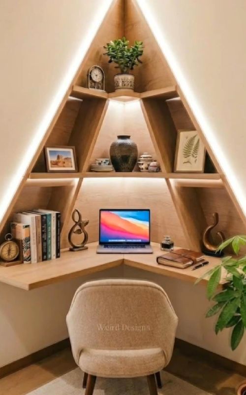Would You Work Better In This Minimal Corner Desk Setup At Home? A smart corner workspace designed with clean lines and warm wood tones, maximizing small space while keeping everything organized and aesthetic. Perfect for focus and productivity. #interiordesign #homedesign #worksetup #minimaldesk #homeoffice #interiordesign #productivity