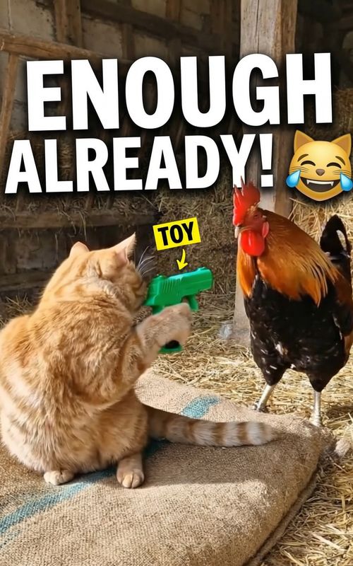 Rooster: cocorico 🐓 Cat: not today 😼🔫 (toy pistol) Follow for daily pet chaos! @aiclipvibes  #fyp #ForYou #FunnyPets #CatTok #Rooster #PetComedy #Viral #AnimalComedy #PetTok #PetShorts