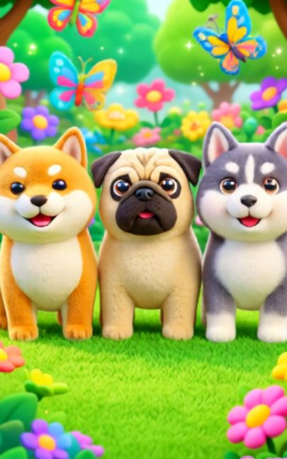 Cute dogs dance for kids. Pug, Shiba Inu and Husky #kidsoftiktok #kidscartoon #criança #childrensongs #forkids #infantil #cartoon #dogs #cachorro #caramelo #pug #goldenretriever #shihtzu