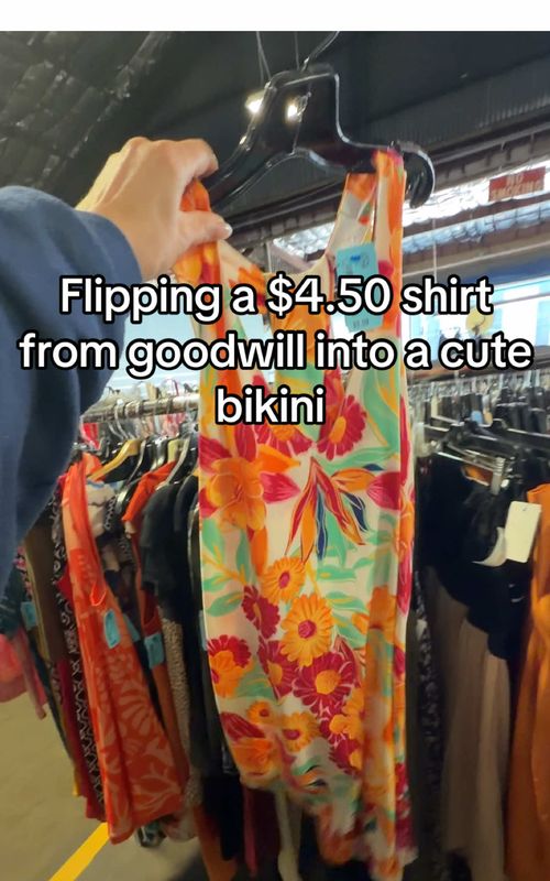 Flipping a $4.50 shirt from goodwill into a bikini #thriftflip #sewing #swimsuit #upcycled 