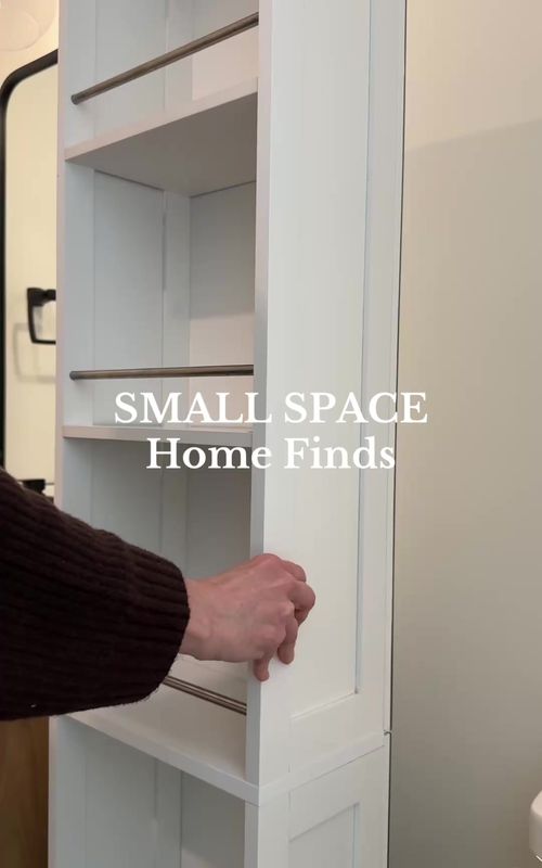 AMAZON home find for small spaces. Linked in my Amazon Shop under SMALL SPACE. This rotating storage cabinet is perfect if you are short on space, it has a full length mirror, slim space saving design, towel hooks and lots of room for all your bathroom essentials. #amazonhome #homehacks #smallspaces #amazongadgets #smallspacesolutions 