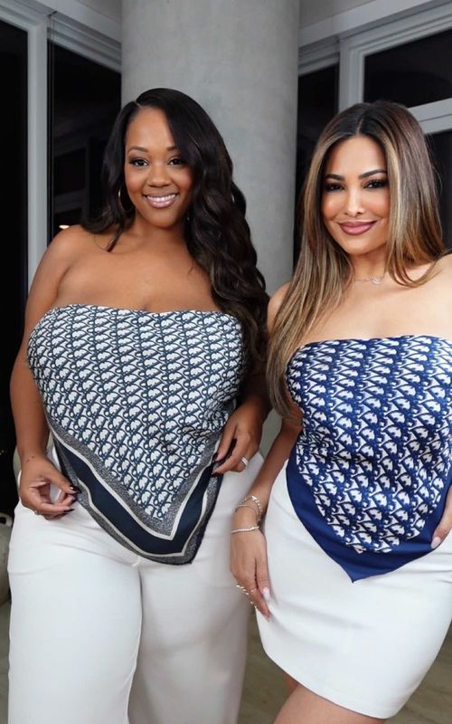 Fashion Hack: Turn Your Scarf Into A Strapless Top + Bra Hack✨ #grwm  Rate this #fashionhack from 1-10! Your favorite fashion hack girlies have united once again to show you some of our best hacks that are TrendyCurvy approved! Absolutely love this hack for added support and shape when styling a strapless scarf top! This is one of my favorite scarf top looks💫 Memos: •Make sure to fold the square scarf into a triangle, and then wrap the 2 sides around your back to tie ✨ • For Kristine we used the wrap technique with the ends of the scarf to help conceal the bra Todays affirmation: “I am worthy of all of the good things in life” 🦋 TAG someone who would love this, & comment down below if you want to see more #style hacks!  Don’t forget to save this video to refer back to when you’re ready to get dressed up xo • #ootd #fyp           