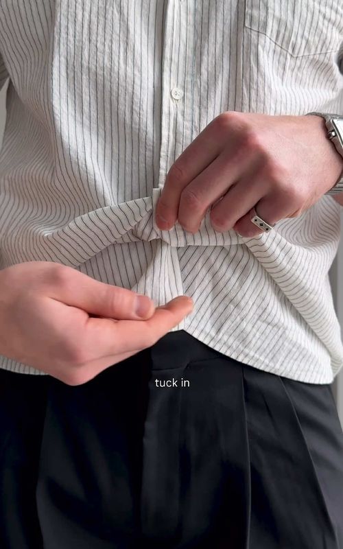 How to tuck in your shirt so it doesn’t come untucked🧥 (and yes I can still raise my arms🫡)  #fashionhack #shirt #outfitinspo #outfitideas #fashion 