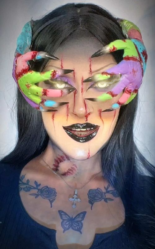 Clawed and infected 🧟‍♀️🧠 ZOMBIE HANDS ib @alycia marie ✨ look with devil hands and claw marks!! I created the hands with foam clay days before so it would be stiff! I still wanted to show the process (which is why it seems like it was made moments before the makeup) even tho it needed 24hrs to dry/stiffen. AND I used @Makeup A Murder, INC. PASTEL COD Liquid Eyeshadows to paint the foam clay including my eyes and claw marks! 🧟‍♀️☠️🩷🧠 #zombiemakeup #sfxmakeup #halloweenmakeup #makeuptutorial #creativemakeup 