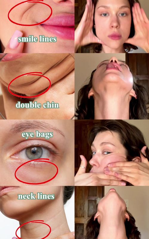 👉 For more face-sculpting moves, check the link in bio! 💡 Dealing with smile lines, a double chin, or eye bags? Try these simple face yoga moves. Follow along and see the difference! #faceyoga #luvlyapp #facialtoning #naturalbeauty #skincare 