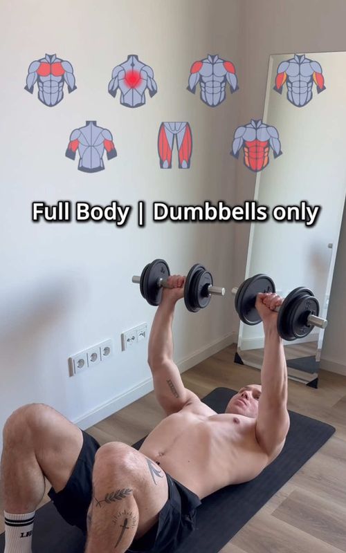 Full Body Dumbbell Workout 💪 Train your entire body at home with just one pair of dumbbells. 1️⃣ Floor Press 2️⃣ Bent Over Row 3️⃣ Shoulder Press 4️⃣ Curls 5️⃣ Overhead Extensions 6️⃣ Goblet Squats 7️⃣ Dumbbell Crunches 2–3 sets per exercise 10–15 reps 🔥 #homeworkout #dumbbellworkout #fullbodyworkout #musclebuilding #athomeworkout 