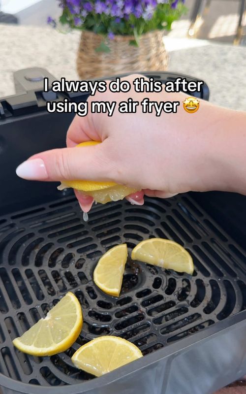 Lemon, baking soda, and dish soap right after cooking helps break down grease before it builds up. #airfryerhack #kitchencleaning #homehacks #cleaningtips #kitchenhack