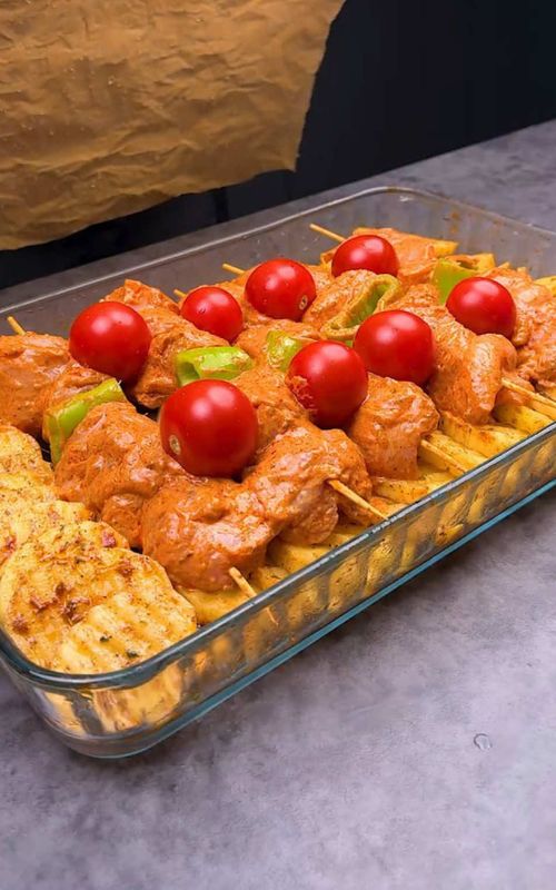 Don’t Blink… Watch This 👀🔥 Oven Chicken Skewers 5–6 potatoes Salt Black pepper Paprika Italian herbs Vegetable oil Onion 1 kg chicken breast 3 tbsp sour cream 1 tbsp tomato paste Salt Black pepper Paprika Smoked paprika Italian herbs Vegetable oil Bell pepper Cherry tomatoes.  #tiktokfood #asmr 