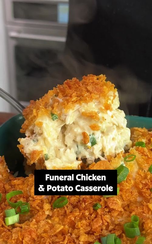 This funeral chicken and potato casserole is the ultimate comfort food! 😋🙌 It's creamy, rich, cheesy, and baked with a crunchy cornflake topping. Get full recipe details below or in the @allrecipes bio. ⤵️🌟 Ingredients: 1 bunch green onions, sliced, divided 2 (10.5 ounce) cans cream of chicken soup 2 cups sour cream 2 cups shredded Cheddar cheese 1/4 cup minced dried onion 1/2 teaspoon kosher salt 1/2 teaspoon ground black pepper 3 cups shredded cooked chicken 1 (30 ounce) package frozen shredded hash browns, partially thawed 1 cup finely crushed cornflakes 3 tablespoons butter, melted Directions: Preheat the oven to 350 degrees F (180 degrees C). Reserve 3 tablespoons green onions for garnish and set aside. Combine remaining green onions, cream of chicken soup, sour cream, Cheddar cheese, dried onion, salt, pepper, chicken, and hash browns in a large bowl and mix well. Pour mixture into a lightly greased 9x13-inch baking dish. Stir together cornflakes and butter in a small bowl until well blended and sprinkle mixture evenly over the casserole. Bake in the preheated oven until browned, bubbly and heated throughout, 50 to 60 minutes. Let stand 10 minutes before serving. Sprinkle with reserved green onions. 🎥: Nicole @nicolesperfectbite #casserole #chicken #potato #EasyRecipes