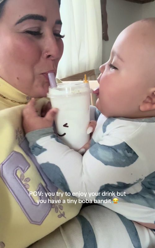 Sharing my boba with my bestie….finished off with a tiny burp to say thank you 😂🧋🥹 #MomsofTikTok  #babiesoftiktok  #babyboy  #babylove  #babyfever 