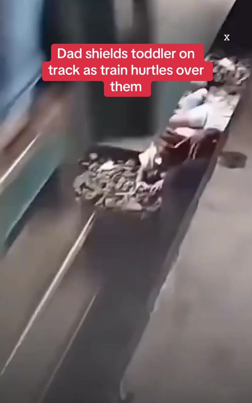 This is the astonishing moment a dad shields his toddler as a train thunders overhead after he slipped through a gap on the platform. Tap above for more. #shockingmoment #caughtoncamera #wildmoment #news #breakingnews 