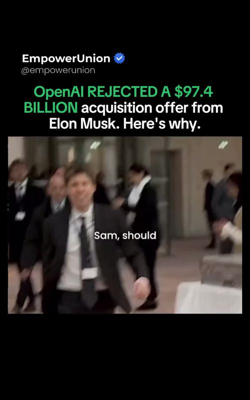 A $97.4 billion offer… rejected instantly. Elon Musk, alongside a group of investors, attempted to acquire OpenAI’s nonprofit arm. The response was clear. “No, thank you.” OpenAI’s leadership made it clear the company is not for sale, framing the move as more than just a business deal… but a question of direction and control. This isn’t just about money. It reflects a deeper tension between competing visions of AI’s future. Open vs commercial. Control vs scale. And when billions are on the table, decisions like this shape the entire industry. Credit: Sky News Like this content? Follow us @Empowerunion 🔥 DM for credit or removal request (no copyright intended) ©️ All rights and reserved to the respective owner(s) What part surprises you most, the slow drift or the final surreal result? #EmpowerUnion #Business #Tech #News #AI