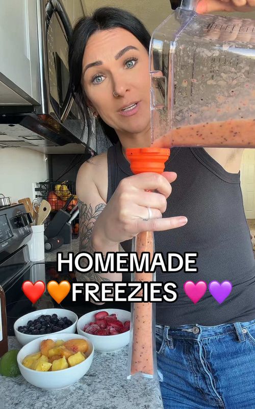 HOMEMADE ICE POPS ☀️🧊 INGREDIENTS  1c frozen fruit  1 Tbsp honey  1-2 tsp lime or lemon juice  1/4c water  INSTRUCTIONS  Combine ingredients together in a blender and mix until smooth.  Add to molds or popsicle tubes. (The ones I used are linked in my Amazon)  Freeze for at least 2-3 hours.  Store in the freezer for a few months.  @Ninja Kitchen  #homemadefood #fruit #snackideas 