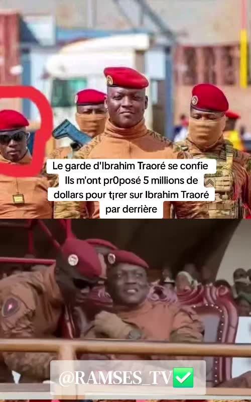 #Burkina_Faso 🇧🇫| Le garde d'Ibrahim Traoré se confie  Ils m'ont proposé 5 millions de dollars pour t¡r£r sur Ibrahim Traoré par derrière, précisément au moment où il se penche pour prier Allah. Ils ont même promis, à ma famille et à moi, la citoyenneté de leur pays. Ils ont dit que c'était une offre irr£sistible. Pour eux, l'argent compte plus que l'humanité. Mais je me suis demandé : 5 millions de dollars valent-ils la peine de porter une mauva¡se conscience jusque dans la t0mbe ? Cet argent fera-t-il de moi un roi dans un pays étranger, ou un imb£cile m0qué par leurs fils et leurs filles ? Je préfère vivre comme un lion dans la nature que comme un chi£n dans leur ville.