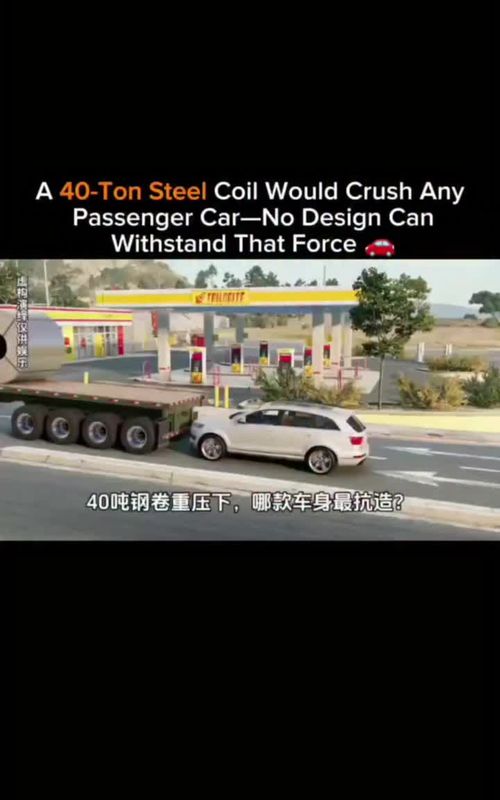 The post features a BeamNG.drive physics simulation video showing a 40-ton steel coil rolling off a truck and crushing various cars including Audi Q7, Rolls-Royce Ghost, Tesla Model X, Volvo, Range Rover, and Cadillac. Most vehicles are completely flattened in the dramatic sequence, but the video ends with humorous resilience shown by a small three-wheeled delivery vehicle and its driver #viralvideo #trendingvideo #car #coil #technology 