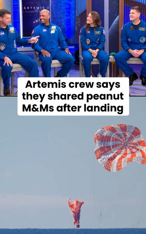 What did the Artemis II astronauts do when they landed back on Earth? Share a bag of peanut M&Ms. "When we landed, we splashed down into the Pacific Ocean ... and Christina, out of her spacesuit pocket, goes, 'I got some peanut M&Ms, anybody want some?'" Wiseman said on "CBS Mornings." "And so we're leaning against the side of the spacecraft, just come back from the moon, eating peanut M&Ms. We were happy." #artemis #space 