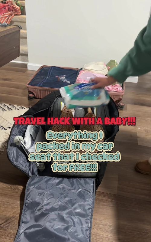 Check your car seat FREEE!!!!! But first, fill it with bulky / lightweight stuff. Diapers, wipes, blankets, etc!!!  ✈️🛫#toddlerairplane #carseathack #babyairplanehacks #checkedcarseat #babytraveltips 
