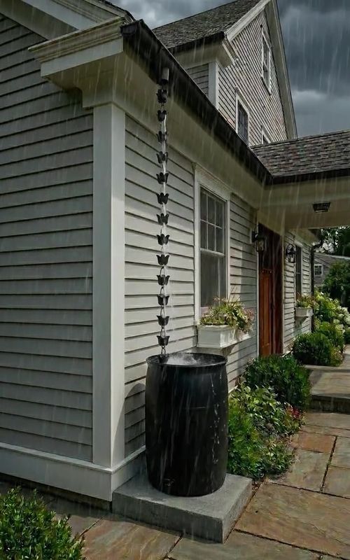GENIUS rain barrel upgrade that actually looks good. 💧 Turn any plastic barrel into a clean rainwater system, just add a bottom spigot and swap your downspout for a simple rain chain. It slows the flow, directs water right into the barrel, and makes the whole setup feel intentional. Free water for your plants. Less waste. Way better than letting it run off. Save this for your next DIY 🌿 #RainwaterHarvesting #DIYGarden #GardenHacks #SustainableLiving #HomeUpgrades