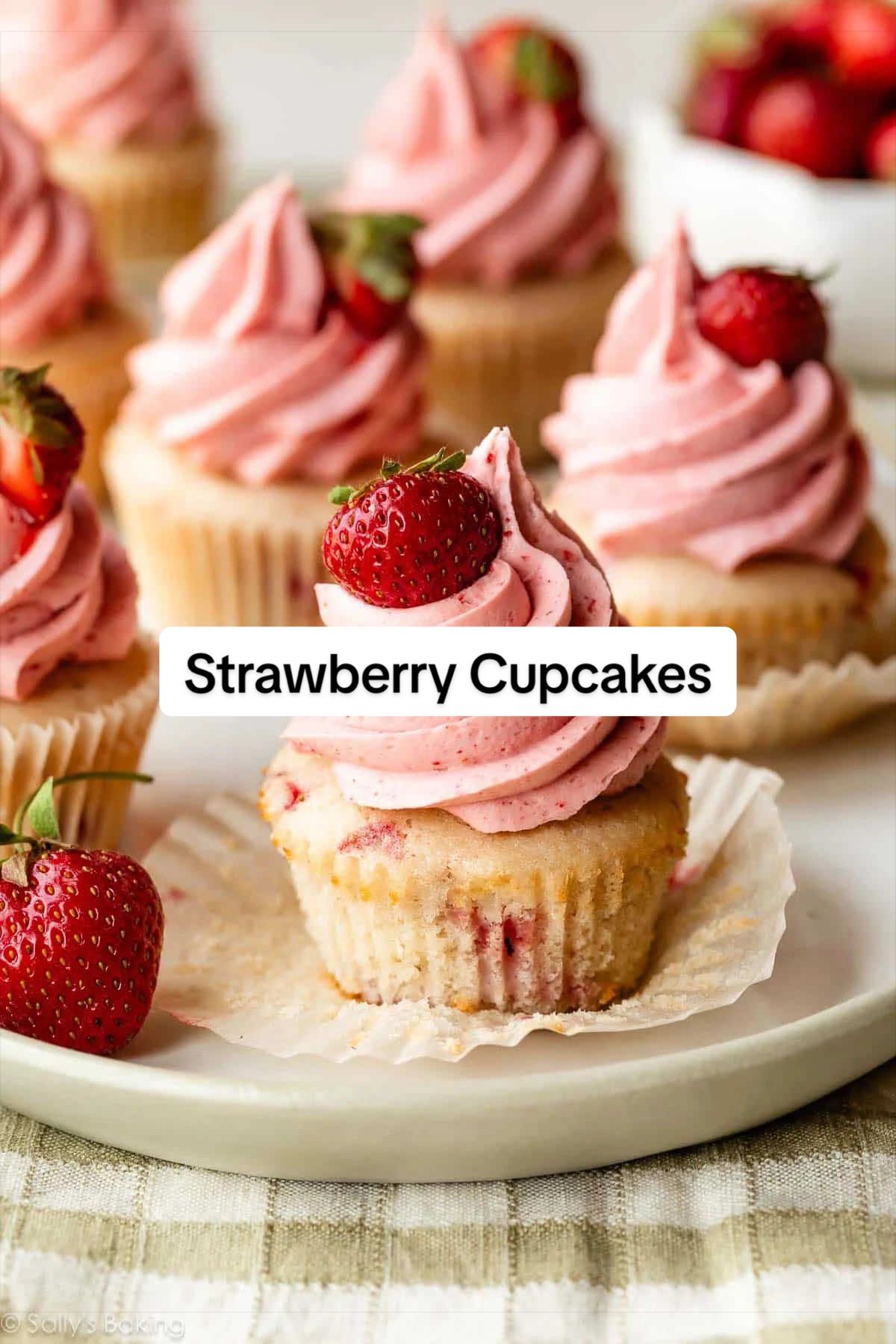 Strawberry Cupcakes 🍓🧁 Light, fluffy, and topped with creamy strawberry buttercream! I originally published this recipe in 2015 but have made 3 improvements to elevate these cupcakes!  Find these changes, Extra tips, tricks, and step-by-step photos at sallysbakingaddiction.com