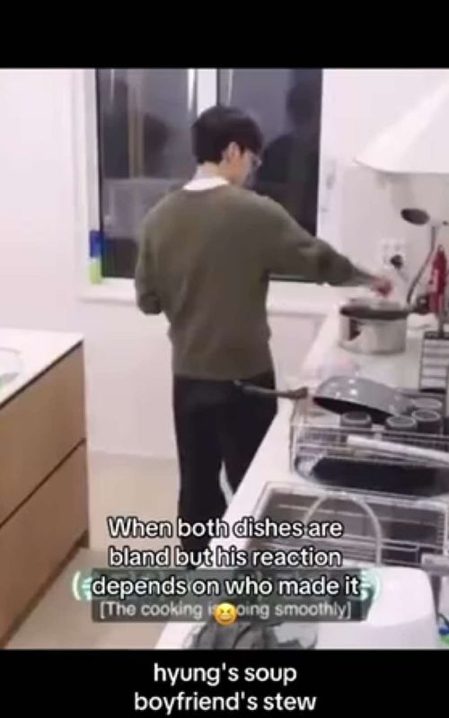 When both dishes are bland but his reaction depends on who made it 😆 hyung's soup                  boyfriend's stew #jikook #jimin #jungkook 