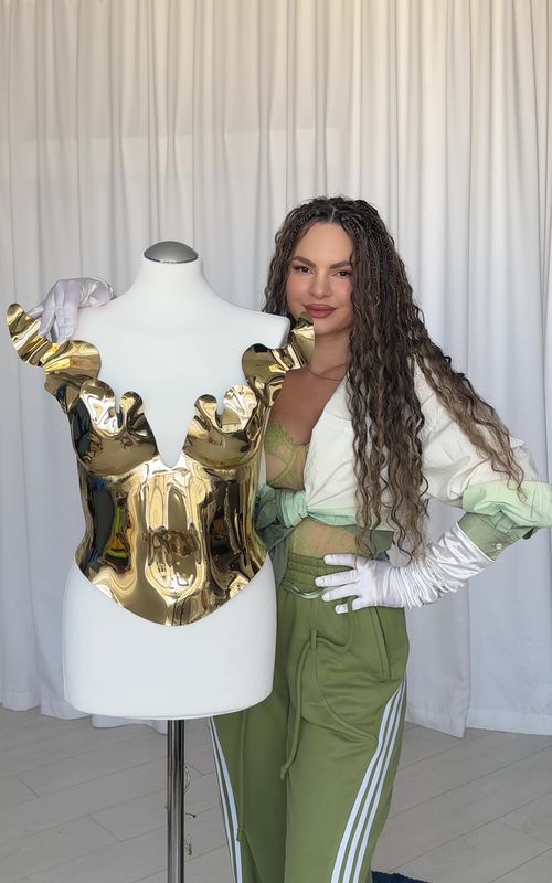 Gold corset ✨#designer#goldcorset#plasticcorset#handmade#luxuryfashion