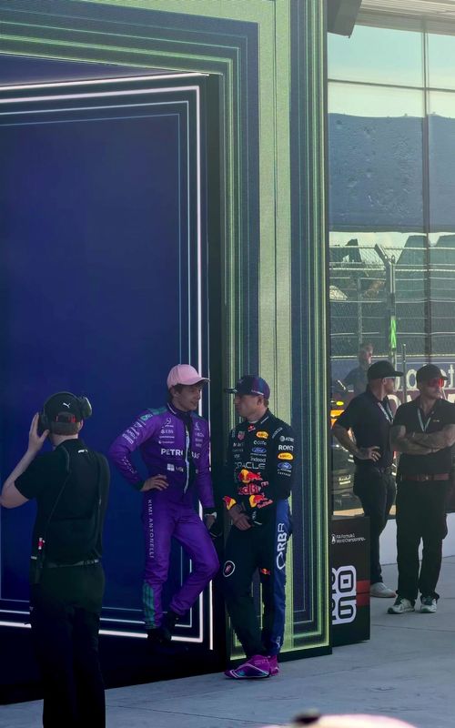 Wait… is Kimi asking Max for his boots here? 😅 They’ve both got style though. #maxverstappen #miamigp #kimiantonelli 