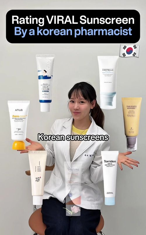 Rating VIRAL Sunscreen  By Korean pharmacist 🇰🇷 1️⃣Anua Heartleaf Moisture Sunscreen — 5/10 soso..  soothing formula… calming though 2️⃣Skin1004 Hyalu-Cica Water-Fit Sun Serum — 10/10 lightweight, no white cast! everyday sunscreens 3️⃣Round Lab Birch Juice Sunscreen — 7/10 Olive Young #1  sunscreen.  4️⃣Haruharu Wonder Black Rice Moisture Airyfit Daily Sunscreen — 3/10 under makeup, skin pills😭 5️⃣Beauty of Joseon Relief Sun Rice + Probiotics - 6/10 protection is fine, but too thick 6️⃣Torriden Dive-In Sunscreen — 8/10 gives you glowy finish! when dry, goodgood~ 7️⃣Aestura Derma UV365 Sunscreen — 7.5/10 zinc oxide + ceramide…barrier-friendly formula #skincaretips #kbeauty #koreansunscreen #koreanskincareproducts