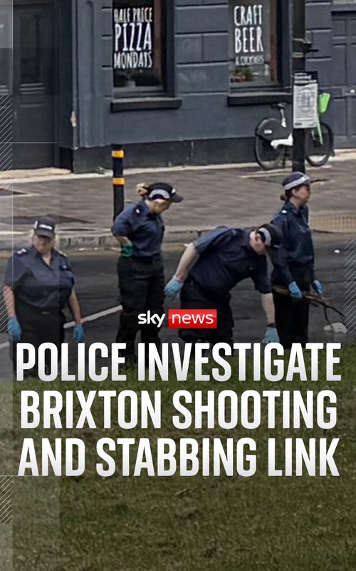 Four people, including a pensioner, have been taken to hospital with gunshot wounds after an 'indiscriminate' shooting in south London, and a 33-year-old man was found with multiple stab wounds around 700 metres away from the scene where gunfire was heard.  Police are investigating the possibility that both the shooting and stabbing are linked. #SkyNews #Brixton #shooting #stabbing