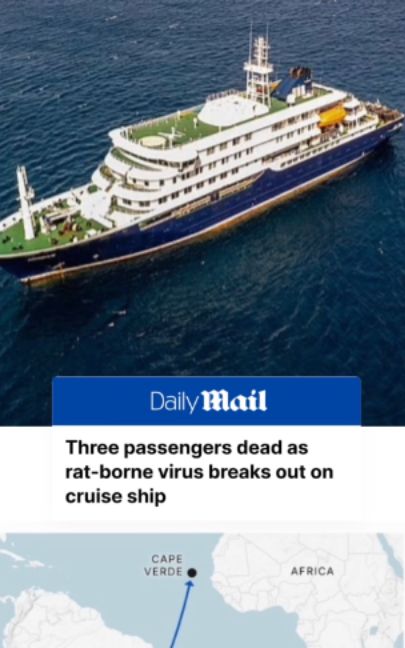 A 70–year–old passenger was the first person to die onboard the boat – with his body currently on the island of Saint Helena, a British territory in the South Atlantic. His 69–year–old wife also fell ill onboard and was evacuated to South Africa where she died in a Johannesburg hospital. A 69–year–old Briton was taken to Johannesburg, where he was being treated in intensive care. The WHO said this evening it was 'aware of the cases of severe acute respiratory illness on a cruise ship sailing in the Atlantic'. #cruise #outbreak #health #virus #news