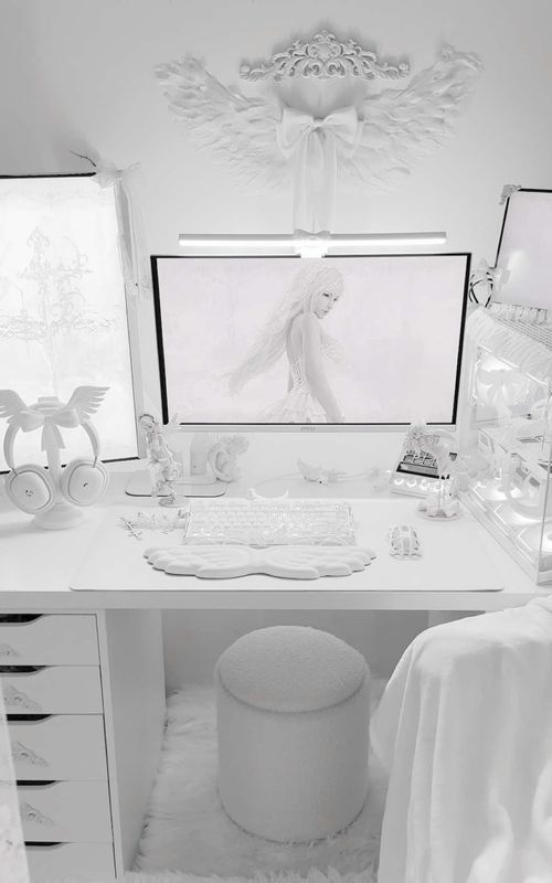 entering my angel setup ᛝྀིྀི ⊹ ࣪ ˖ 🪽 #whitesetup #angelcore #whitepc #girlgamingsetup #setupinspo 
