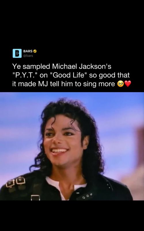 Michael Jackson ended up influencing Ye in a way most people don’t even realize 🥹❤️ After Ye sampled “P.Y.T. (Pretty Young Thing)” on “Good Life,” he played the song to MJ, who loved the vocals and asked who was singing When Ye told him it was himself, Michael said he loved it and told him he should sing more That advice went on to inspire Ye’s next album ‘808s & Heartbreak,’ which became one of the most influential albums of the 2000s and helped change the sound of hip-hop “Good Life” featuring T-Pain peaked at #7 on the Billboard Hot 100 and won Best Rap Song at the 2008 Grammys Did you know this? #michaeljackson #ye #kanyewest #viral 