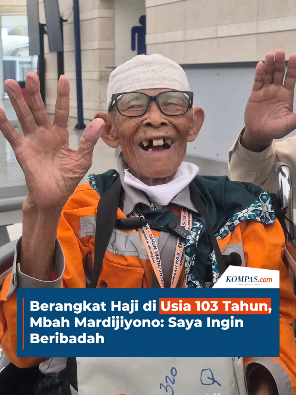 Di usia 103 tahun, Mbah Mardijiyono asal Kabupaten Bantul, DIY, tiba di Tanah Suci untuk menunaikan ibadah Haji.  Ketua Kloter 9 YIA Edy Purwanto mengatakan, Mardijiyono selalu tersenyum dan bersemangat.  "Inilah yang membuat kami juga termotivasi mengantarkan dan menjaga beliau menuju ke Tanah Suci," ujarnya, di ruang tunggu haji Bandara Pangeran Mohammad Bin Abdul Aziz Madinah, Arab Saudi, Minggu (3/5/2026). 🎥: Dok. Media Center Haji 2026 Penulis: Pythag Kurniati, Khairina  Kreatif: Safira Nurulita Produser: Reza Kurnia Darmawan ` #Haji #Cahaya #read 