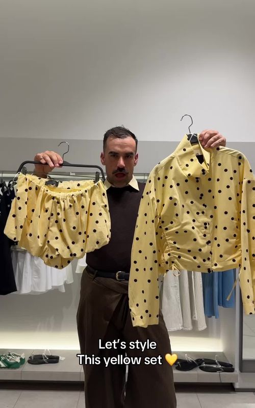 EN 🇺🇸   I’m deeply in love with this yellow set with black polka dots 💛   You know my love for shirts… so of course I had to layer it with a corset or a vest to keep it super chic ✨   The shoes are just gorgeous, they complete the whole look.   This is such a fashionista Spring look, soft, playful and so lovely 💛   PT 🇵🇹   Estou completamente apaixonado por este conjunto amarelo com bolinhas pretas 💛   Já sabem o meu amor por camisas… por isso claro que tive de fazer uma sobreposição com um corpete ou um colete para ficar super chic ✨   Os sapatos são mesmo lindos, completam o look na perfeição.   É um look super fashionista de Primavera, leve, divertido e tão bonito 💛 #zara #zaranewin #zarahaul #styletips #styleinspo 