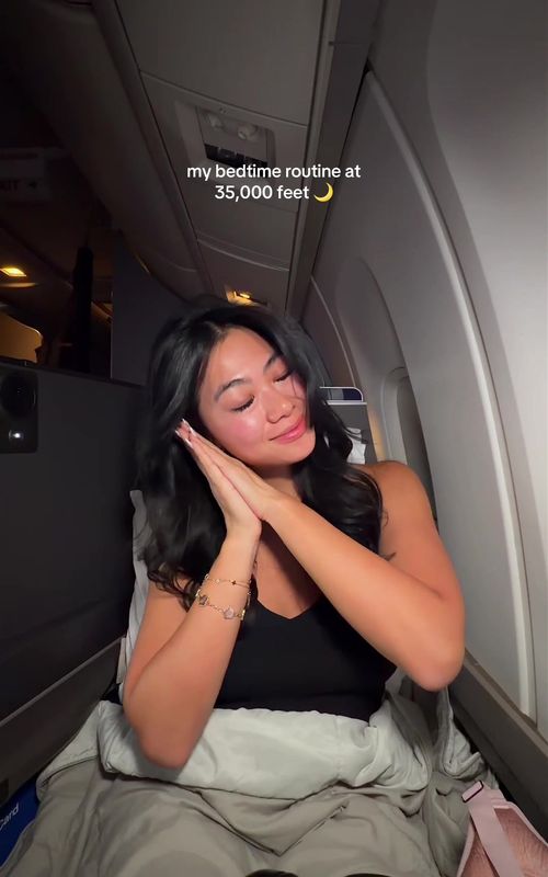 girls we’re making 4 hours of sleep look like 8, let’s do our night time routine at 35,000 feet on @United Airlines first-ever inaugural flight to Bari, Italy ✈️ I can’t wait to show you around!!  Hand sanitizer @touchland Power Mist Hydrating Hand Sanitizer Cleansing wipes @The Face Shop US Rice Water Bright Vegan Cleansing Wipes Ceramide pad @onedaysyou Help Me! Eco-Intense Ceramide Ampoule Pad Rescue spray @Tower 28 Beauty SOS Daily Rescue Facial Spray Serum @anua_global PDRN Hyaluronic Acid Capsule 100 Serum Sheet mask @Biodance Store US Bio-Collagen Real Deep Mask @sephora  Moisturizer @anua_global @Ulta Beauty PDRN Hyaluronic Acid 100 Moisture Cream Portable toothbrush @Colgate US Colgate Wisp Portable Mini-Brush Headphones @Sony @SonyElectronics Sony WH-1000XM6 Headphones #luxurytravel #grwm #skincareroutine  #glassskin #nighttimeroutine 