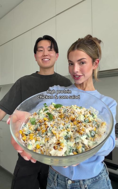 Your new go-to high protein summer salad 🌽🌽 Ingredients: - cucumber (1 cup) - corn (sauteed - 1 cup) - chicken breast (2) - pine nuts (1/4 cup) - basil (as desired) - parmesan cheese (1/4 cup) Dressing: - Greek yogurt (1/3 cup) - olive oil (2 tbsp) - lemon (1/2) - salt and pepper (as desired) @James Bok #EasyRecipes #saladrecipes #highproteinmeals 