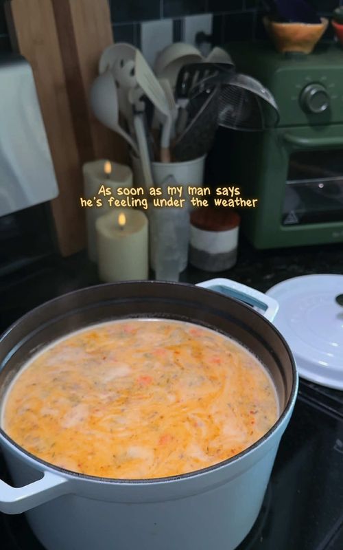 🧄 Nothing like knockin’ the sickness out of you with 60 cloves of garlic chicken noodle soup 🙂‍↕️🙌🏼  Simply sauté 60 cloves of garlic until softened (I like to add a couple carrots to mine for more flavor). Once they’re softened I deglaze the pot with a little white wine and let the alcohol cook off for 2 minutes (this adds great flavor and liquid for when you puree). Purée them with a food processor or immersion blender and just mix it into your favorite chicken noodle soup recipe.  #GarlicSoup #ChickenNoodleSoup #ColdAndFlu #Remedy #CozyCooking